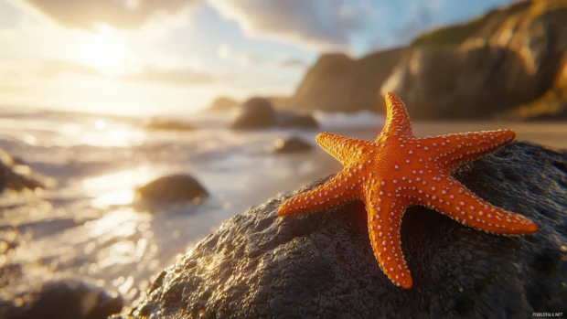A close up of a bright orange starfish crawling along a rock, with intricate details on its texture and soft sunlight illuminating the scene.