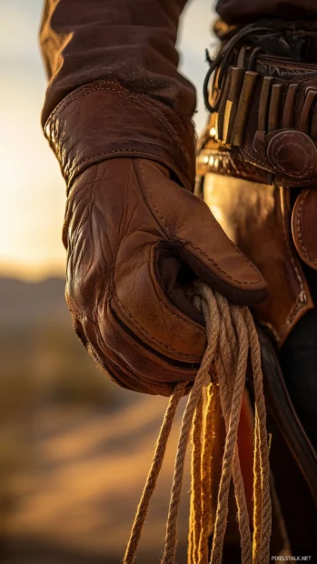 A close up of a cowboy hands tying a lasso, with the intricate details of his leather gloves and the desert sun setting in the background.