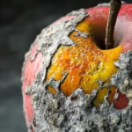 A close up of a decayed apple with vivid mold textures.