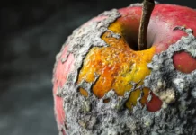 A close up of a decayed apple with vivid mold textures.