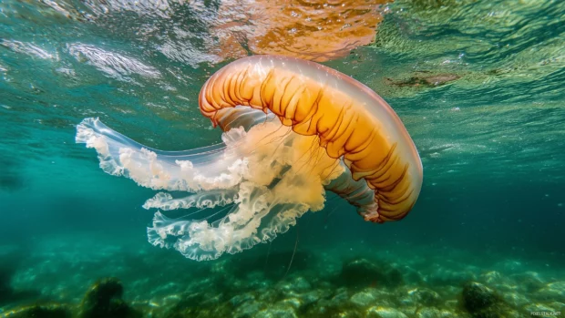A close up of a delicate jellyfish, its bell pulsating gently in the water, with ethereal light creating a mystical atmosphere.