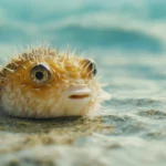 A close up of a pufferfish in the ocean, its spiky body inflated as it drifts calmly in clear water, surrounded by soft blue hues.