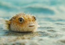 A close up of a pufferfish in the ocean, its spiky body inflated as it drifts calmly in clear water, surrounded by soft blue hues.