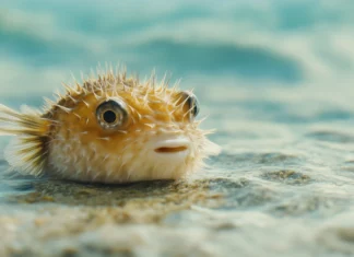 A close up of a pufferfish in the ocean, its spiky body inflated as it drifts calmly in clear water, surrounded by soft blue hues.