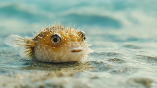 A close up of a pufferfish in the ocean, its spiky body inflated as it drifts calmly in clear water, surrounded by soft blue hues.