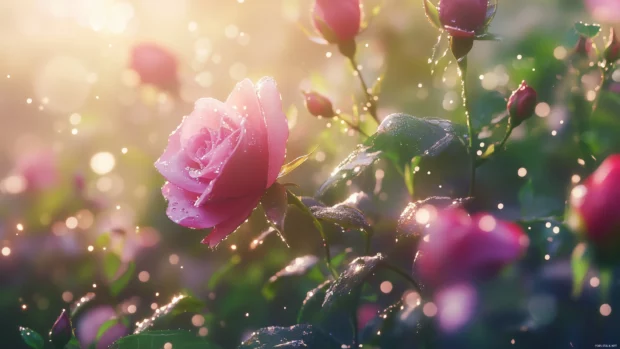 A close up of a rose garden drenched in morning dew, with petals shimmering in soft light.