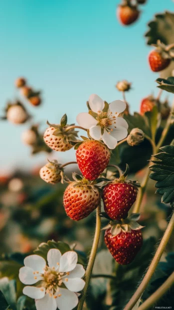 A close up of a strawberry plant with flowers and small unripe strawberries growing on vines with a soft sky blue background, fresh and nature inspired, Simple lines.