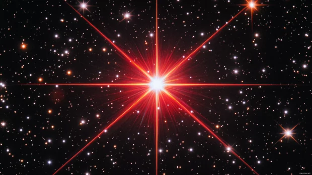 A close up of a vibrant red star illuminated by soft light, set against a dark cosmic backdrop filled with distant galaxies and shimmering light trails.