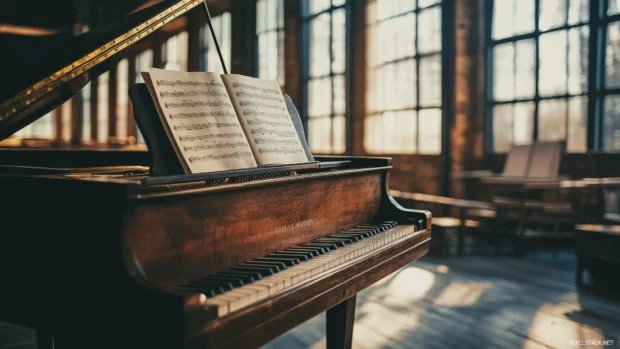 A close up of a well used grand piano in a studio setting, with sheet music on the stand and soft sunlight filtering through large windows, creating an inviting atmosphere.