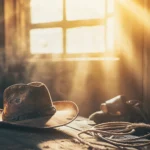 A close up of a worn cowboy hat on a table, surrounded by leather gear and a lasso, with soft sunlight filtering through a barn window.