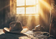 A close up of a worn cowboy hat on a table, surrounded by leather gear and a lasso, with soft sunlight filtering through a barn window.