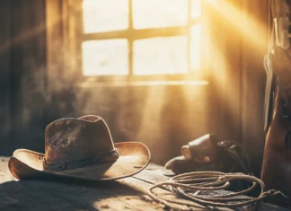 A close up of a worn cowboy hat on a table, surrounded by leather gear and a lasso, with soft sunlight filtering through a barn window.