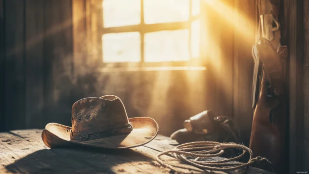 A close up of a worn cowboy hat on a table, surrounded by leather gear and a lasso, with soft sunlight filtering through a barn window.