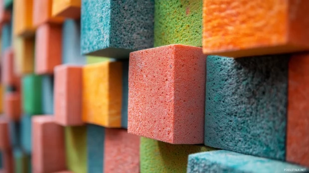 A close up of colorful soundproofing foam panels on a studio wall, creating an abstract design that captures the essence of music production and creativity.