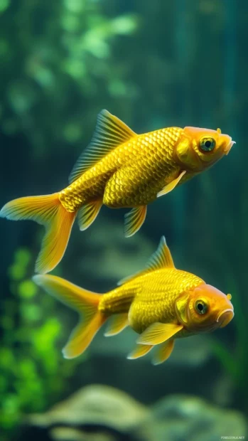 A close up of two goldfish swimming together in clear, lightly rippling water with soft natural lighting, set against a blurred background of green foliage.