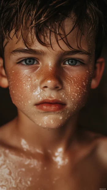 A close up portrait of a boy face drenched in rain, water droplets glistening on his cheeks under soft ambient light.