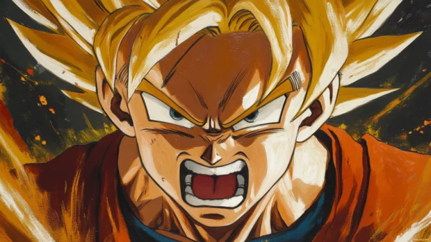 A close up shot of Goku with narrowed eyes and clenched teeth charging his energy.