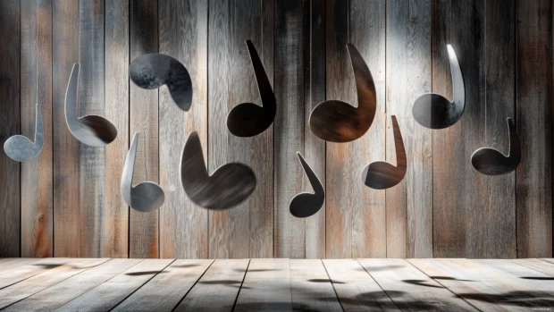 A close up shot of music notes etched onto a reflective glass surface, with light bouncing off the curves and creating a luminous, ethereal effect.