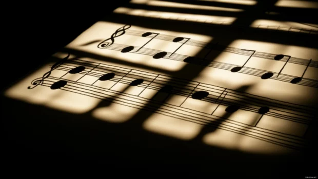 A close up view of a musical staff with detailed music notes, illuminated by natural sunlight streaming through a window, casting soft shadows on the paper.