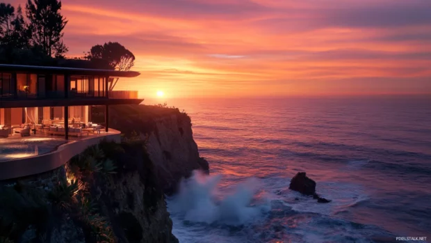 A coastal cliffside overlooking the ocean at sunset, waves crashing below.