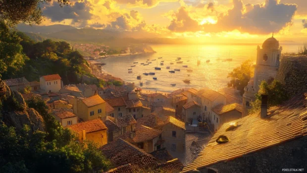A coastal village at sunset, rooftops and boats bathed in golden light as the sun dips below the horizon.