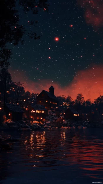 A cold harbor flickering under distant red stars.