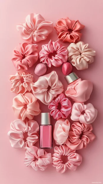 A collection of pink scrunchies and nail polish arranged neatly.