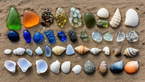 A collection of sea glass and shells arranged on a sandy beach, with soft waves in the background.