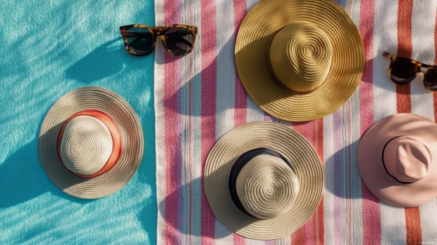 A collection of sun hats and sunglasses on a beach towel, styled to match summer PC wallpaper vibes.