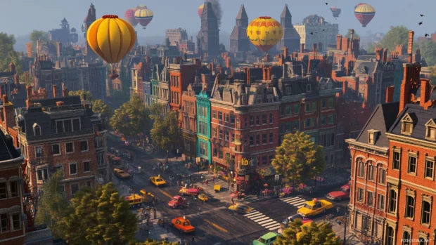 A colorful 3D cityscape with cartoonish buildings, cars, and hot air balloons, creating a bustling, friendly city that feels like an adventure for kids.