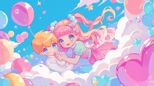 A colorful 4K cartoon wallpaper for PC showcasing chibi duos on candy clouds.