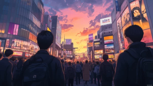 A colorful and vibrant anime cityscape with towering skyscrapers and bustling crowds, with a sunset sky over Tokyo, anime style.