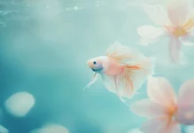 A colorful betta fish with translucent fins, surrounded by soft, filtered light, swimming gracefully in a minimalist aquatic setup.