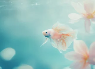 A colorful betta fish with translucent fins, surrounded by soft, filtered light, swimming gracefully in a minimalist aquatic setup.