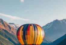 A colorful hot air balloon drifting over a scenic valley, with a radiant sunrise creating a golden glow.
