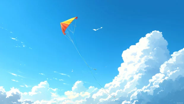 A colorful kite flying high in a cloudless blue sky, blending joy into summer laptop wallpaper scenes.