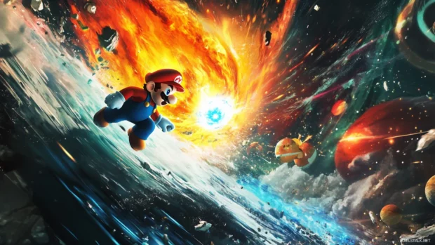 A colorful nova explodes behind Mario as he chases a Luma across drifting debris.