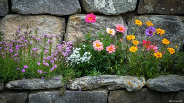 A colorful pretty garden hidden behind an ancient stone wall.