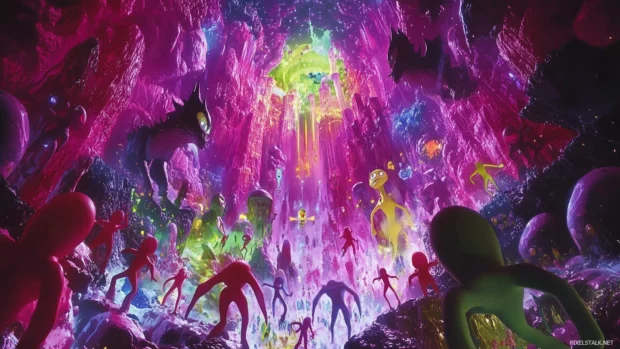 A colorful scene featuring Ben Tennyson transforming into various aliens, surrounded by action packed backgrounds, with the Cartoon Network logo prominently displayed.
