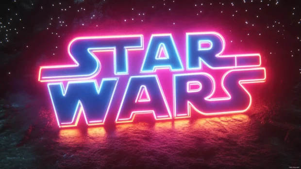 A colorful starfield with the Star Wars logo in retro neon lights, suitable for anyone searching epic Star Wars desktop backgrounds.
