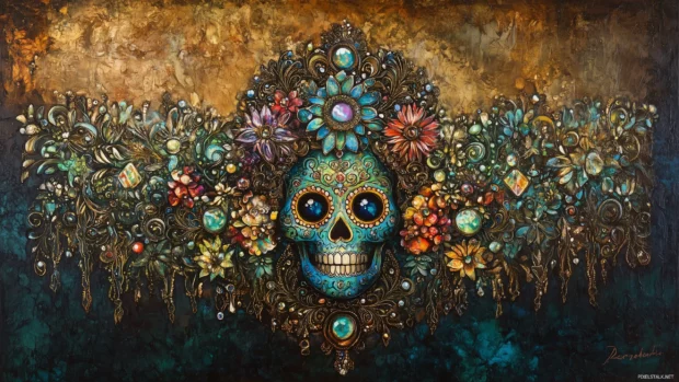 A colorful sugar skull decorated with intricate floral patterns and gemstones, set against a deep, textured background.