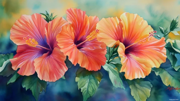 A colorful watercolor painting of tropical hibiscus flowers, with bright reds and oranges merging into soft greens and blues .