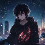 A confident anime boy in a hoodie decorated with flames, sitting on a motorcycle, with the night sky and city skyline behind him.