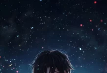 A confident anime boy in a hoodie decorated with flames, sitting on a motorcycle, with the night sky and city skyline behind him.