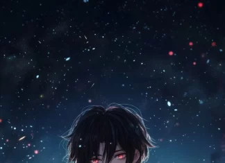 A confident anime boy in a hoodie decorated with flames, sitting on a motorcycle, with the night sky and city skyline behind him.
