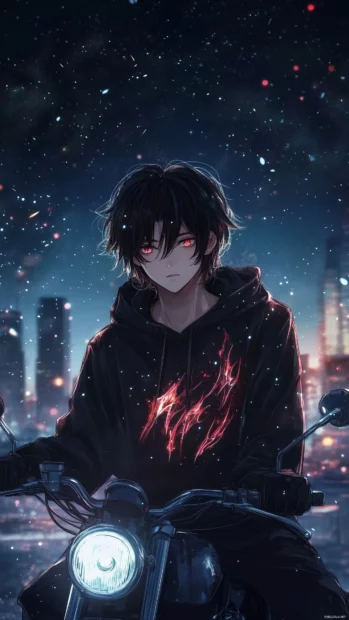 A confident anime boy in a hoodie decorated with flames, sitting on a motorcycle, with the night sky and city skyline behind him.