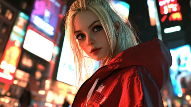 A confident girl in a modern cityscape at night, glowing billboards and reflections surrounding her.