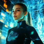 A confident girl in a modern cityscape at night, glowing billboards and reflections surrounding her.