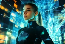 A confident girl in a modern cityscape at night, glowing billboards and reflections surrounding her.