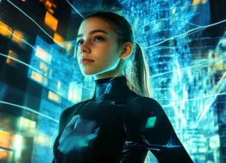 A confident girl in a modern cityscape at night, glowing billboards and reflections surrounding her.